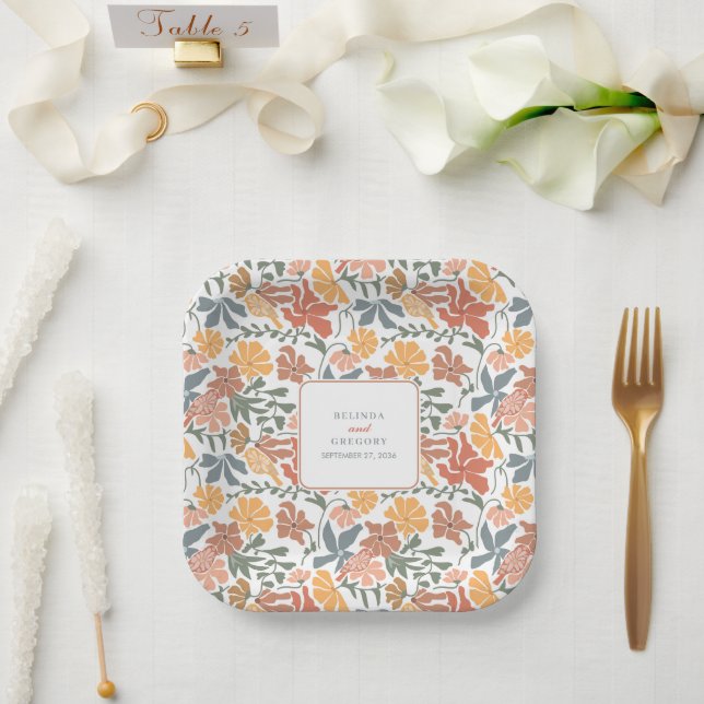 Abstract Floral & Birds Mid Century Modern Wedding Paper Plate (Wedding)