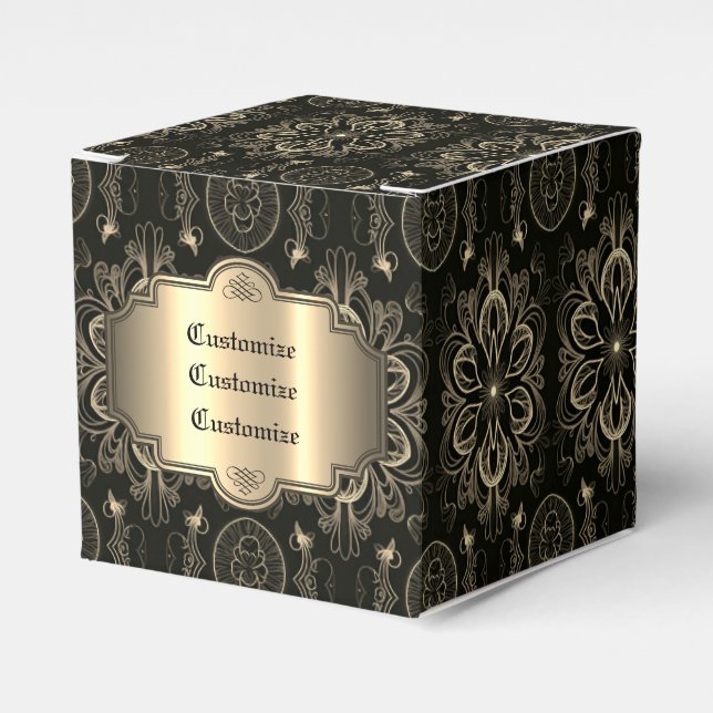 Abstract Floral Black And Gold Cube Favor Box (Front Side)