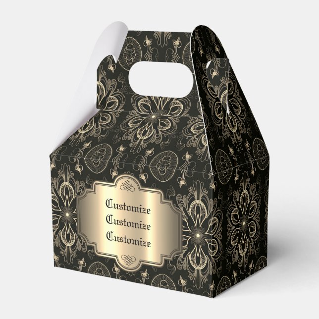 Abstract Floral Black And Gold Gable Favor Box (Front Side)