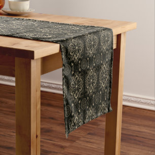 Abstract Floral Black And Gold Medium Table Runner