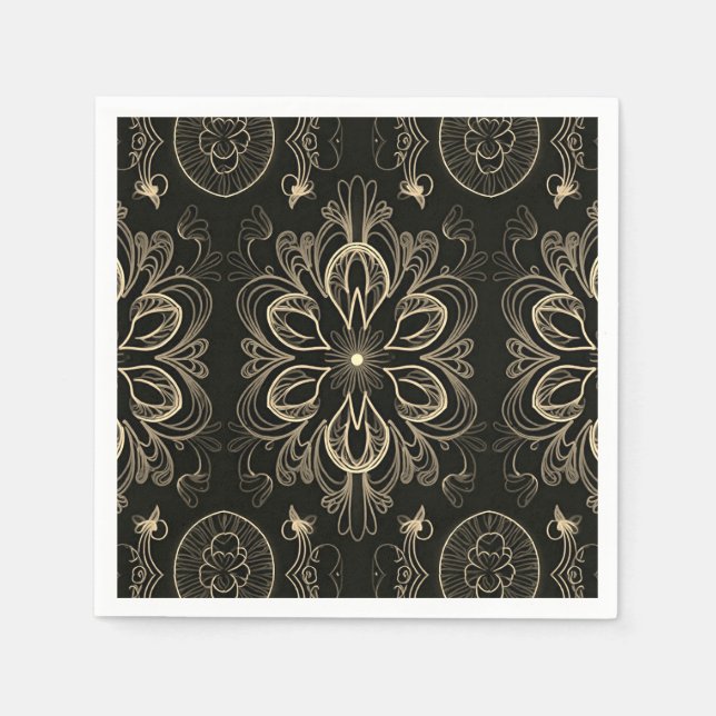 Abstract Floral Black And Gold Pattern Napkin (Front)