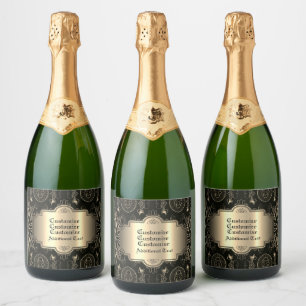 Abstract Floral Black And Gold   Sparkling Wine Label