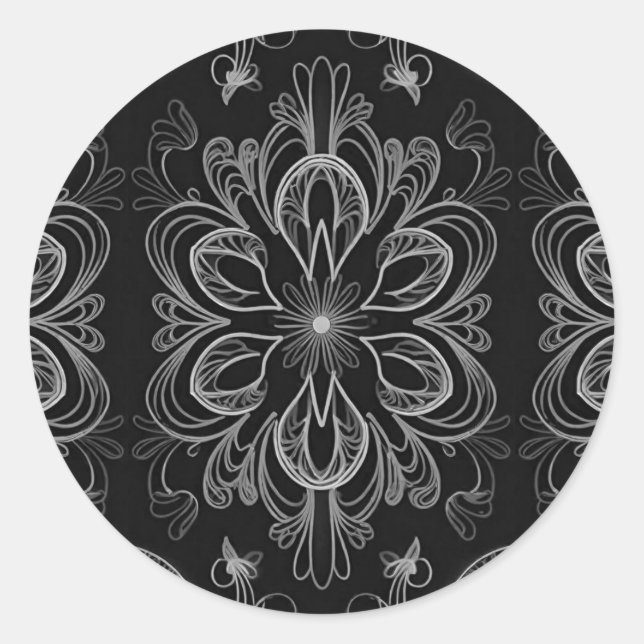 Abstract Floral Black And Silver Classic Round Sticker (Front)
