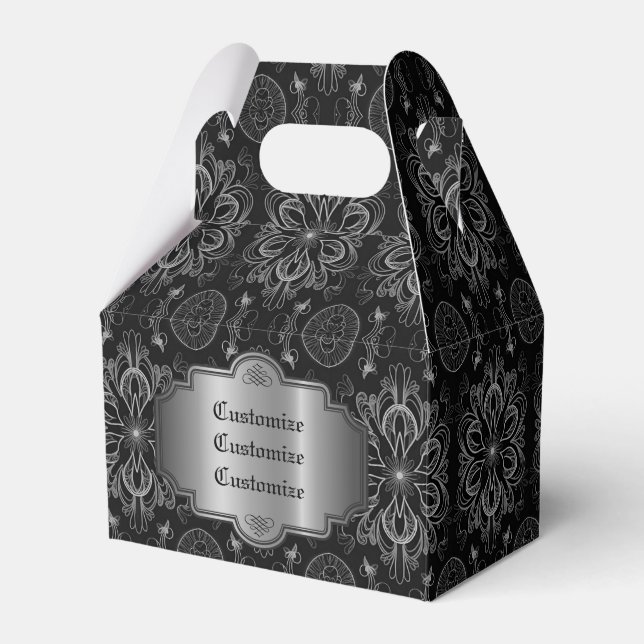 Abstract Floral Black And Silver Gable Favor Box (Front Side)