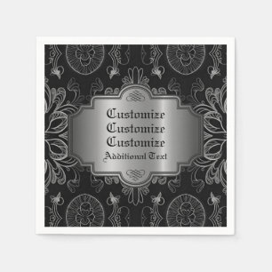 Abstract Floral Black And Silver Napkin
