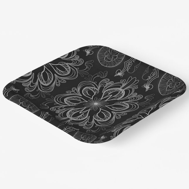 Abstract Floral Black And Silver Pattern Paper Plate (Angled)