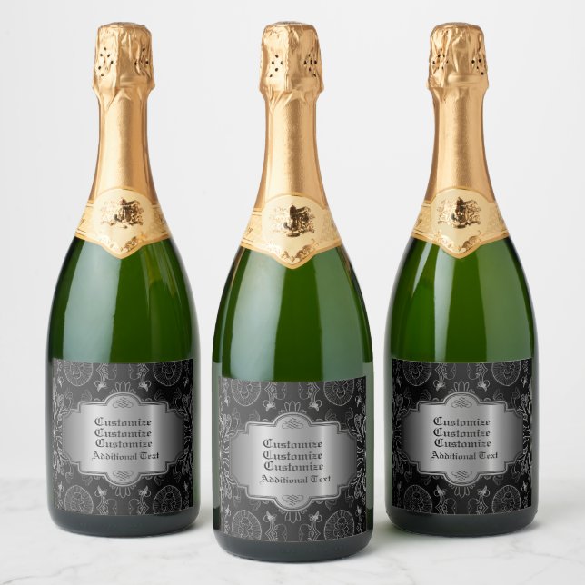 Abstract Floral Black And Silver Sparkling Wine Label (Bottles)