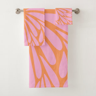 Abstract floral burst pattern pastel orange & pink bath towel set