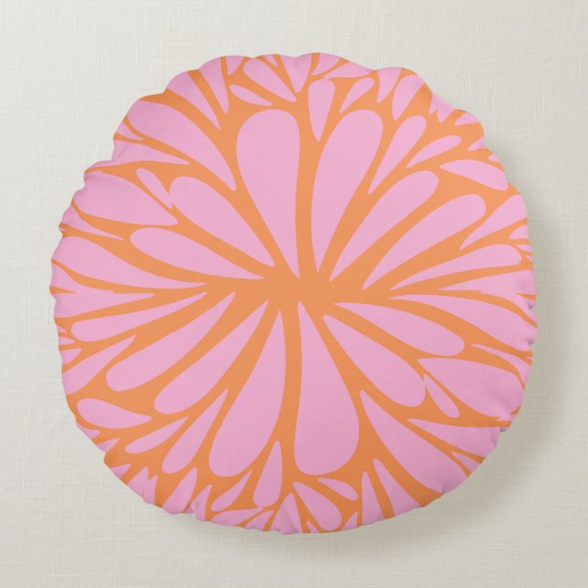 Abstract floral burst pattern pastel orange & pink round pillow (Front)
