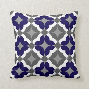 Abstract Floral Clover Pattern in Cobalt and Grey Throw Pillow