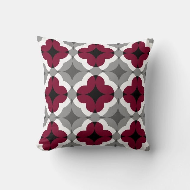 Abstract Floral Clover Pattern in Red and Grey Throw Pillow (Front)