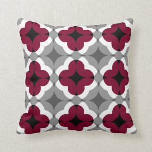 Abstract Floral Clover Pattern in Red and Grey Throw Pillow
