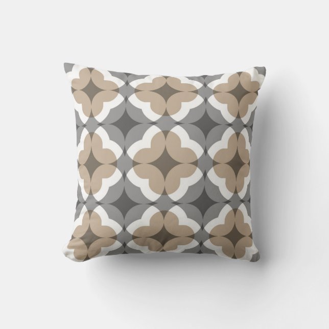 Abstract Floral Clover Pattern in Tan and Grey Throw Pillow (Front)