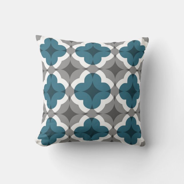 Abstract Floral Clover Pattern in Teal and Grey Throw Pillow (Front)