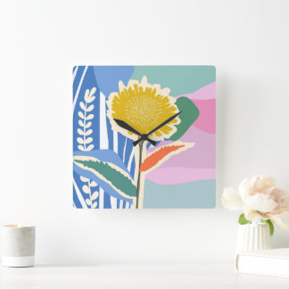 Abstract Floral Dandelion Color Blocks Modern  Square Wall Clock