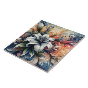 Abstract Floral Design Featuring White Lily Tile
