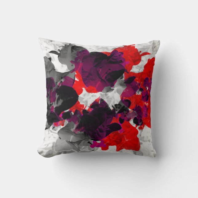 Abstract floral design - red and purple over white throw pillow (Front)