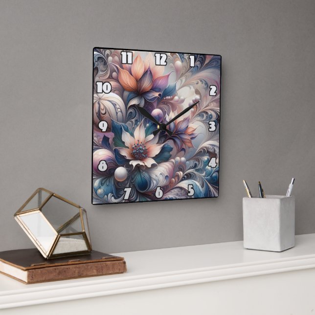 Abstract Floral Design With Swirls and Pearls Square Wall Clock (Office)