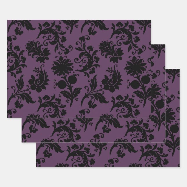 Abstract Floral Designs on Purple Wrapping Paper Sheet (Set)
