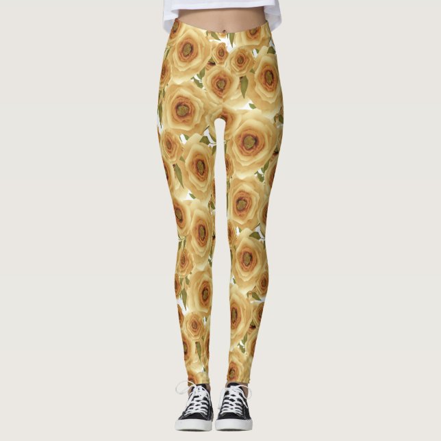 Abstract floral flowers roses beige colour pattern leggings (Front)
