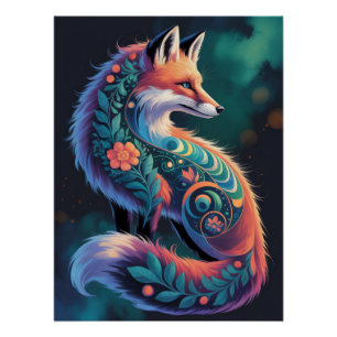 Abstract Floral Fox Art Poster
