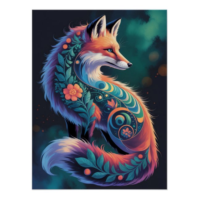 Abstract Floral Fox Art  Poster (Front)