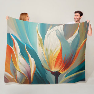 Abstract Floral Glow in Teal and Orange Fleece Blanket