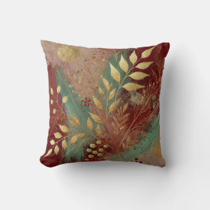 Abstract Floral & Golden Leaf Artwork Style 32 Throw Pillow