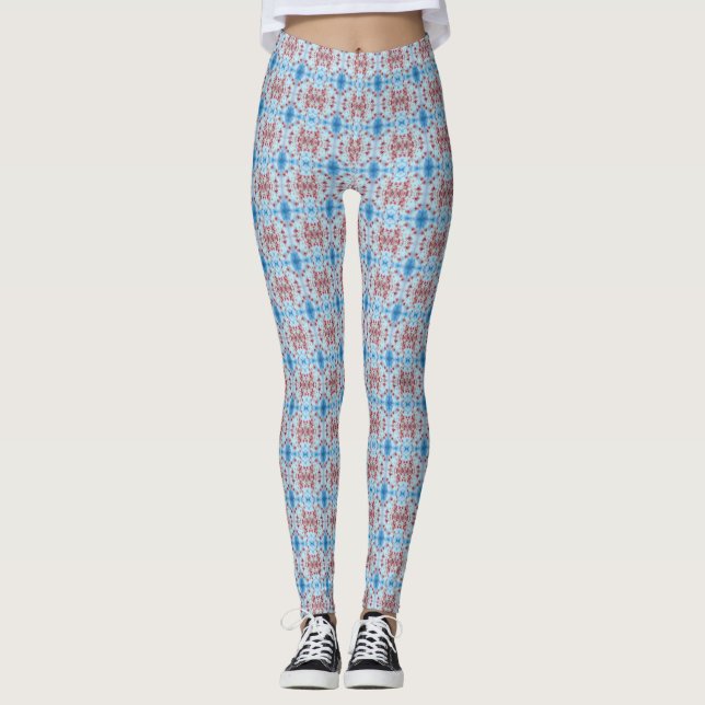 Abstract Floral Graphic Pattern Blue and Red Leggings (Front)