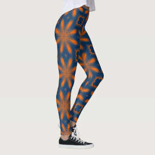 Abstract floral kaleidoscope dark blue orange  leggings