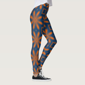 Abstract floral kaleidoscope dark blue orange leggings