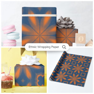 Abstract floral kaleidoscope dark blue orange wrapping paper
