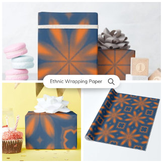 Abstract floral kaleidoscope dark blue orange wrapping paper