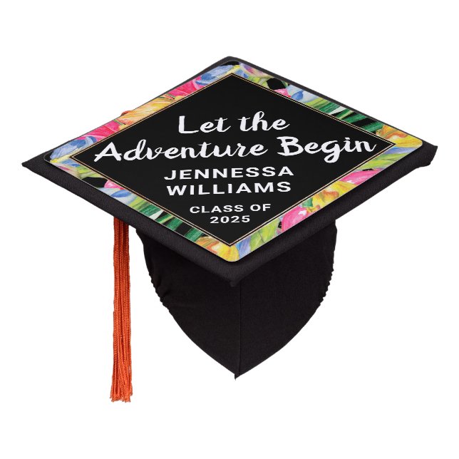 Abstract Floral "Let the Adventure Begin" 2025 Graduation Cap Topper (Angled)
