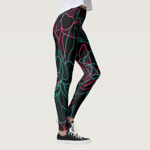 Abstract Floral Line Art Pattern Design Leggings