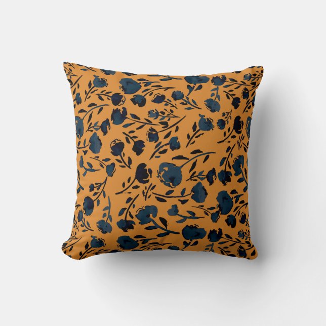 Abstract Floral Mustard & Blue Chic Monogram Throw Pillow (Front)