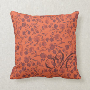 Abstract Floral Orange Purple Chic Monogram Throw Pillow