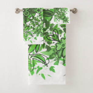 Abstract Floral Pattern In Black & Green On White Bath Towel Set