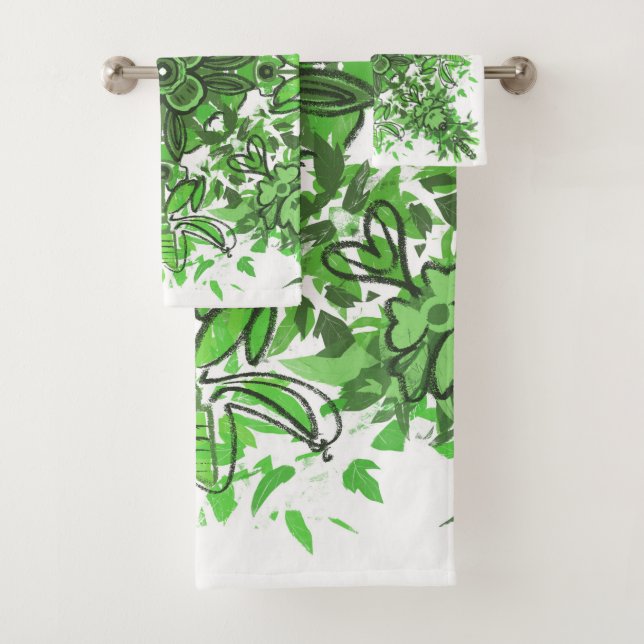 Abstract Floral Pattern In Black & Green On White Bath Towel Set (Insitu)