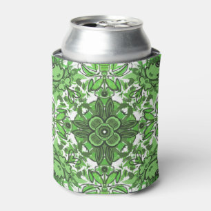 Abstract Floral Pattern In Black Green On White Can Cooler