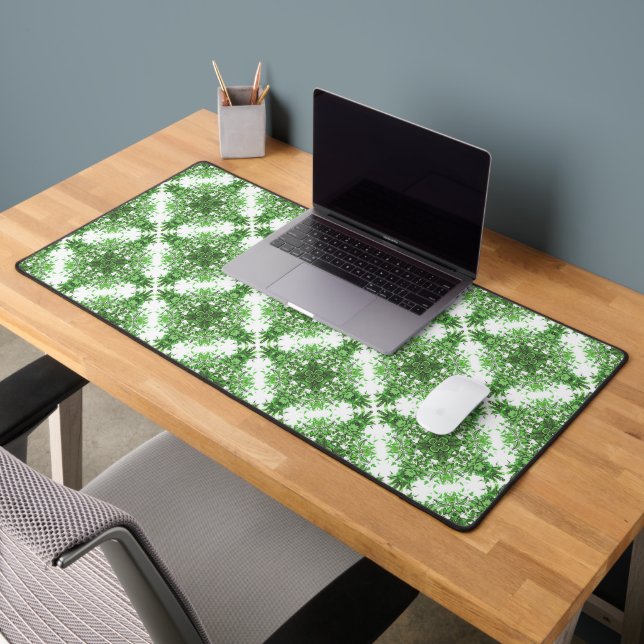 Abstract Floral Pattern In Black & Green On White Desk Mat (Office 2)