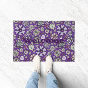 Abstract Floral Pattern In Black & Green On White  Doormat