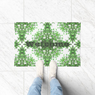 Abstract Floral Pattern In Black & Green On White  Doormat