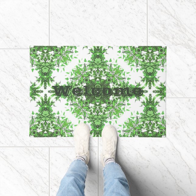 Abstract Floral Pattern In Black & Green On White  Doormat (Indoor)