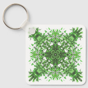 Abstract Floral Pattern In Black & Green On White Keychain