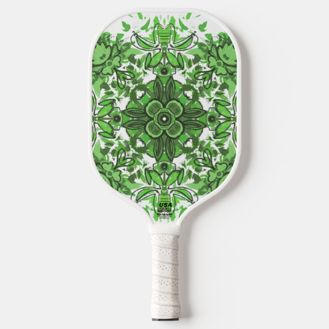Abstract Floral Pattern In Black & Green On White Pickleball Paddle (Front)