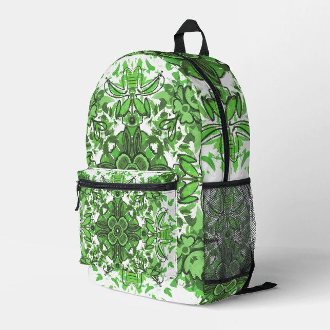 Abstract Floral Pattern In Black & Green On White Printed Backpack (Back Corner Right)