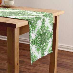 Abstract Floral Pattern In Black & Green On White Short Table Runner