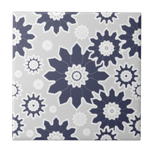 Abstract floral pattern, navy blue, white, grey tile