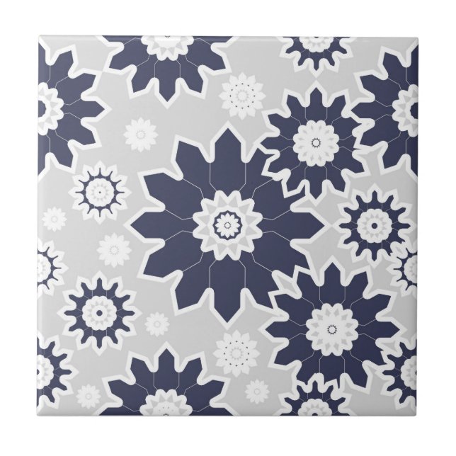 Abstract floral pattern, navy blue, white, grey tile (Front)